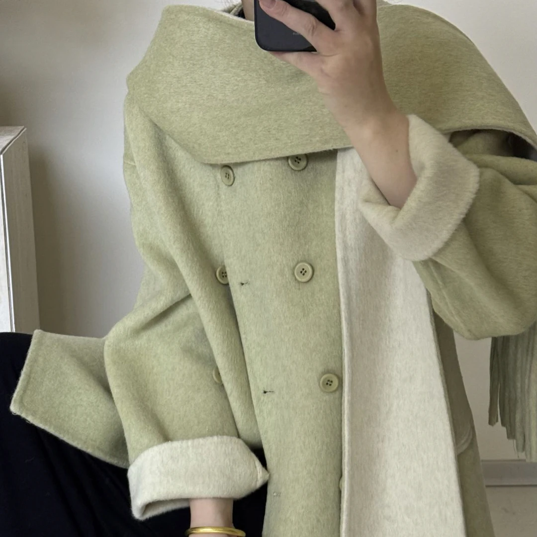 【璐小璐】新款韩版双排扣带可拆卸围巾双面宽松女式休闲大衣