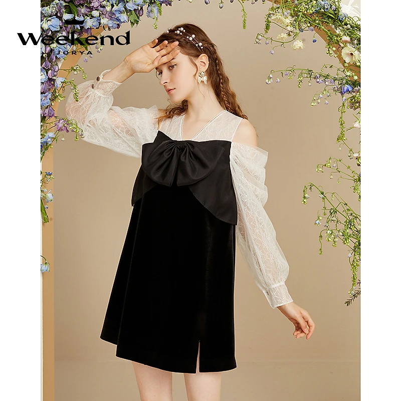 卓雅周末秋季V领蝴蝶结拼接丝绒开叉连衣WJWCCA42