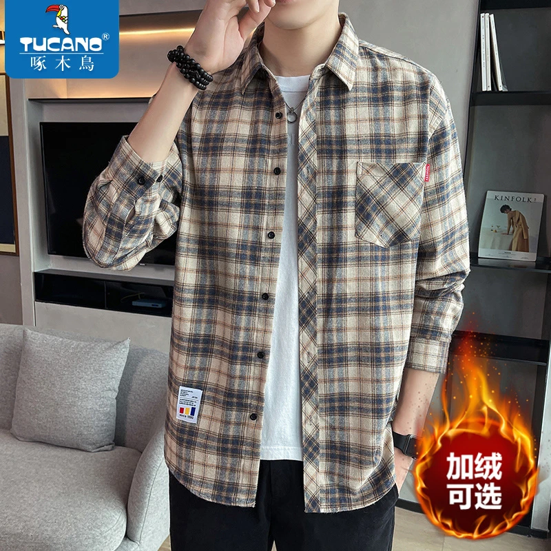 啄木鸟男士格纹衬衫上衣男装2025秋冬季潮流百搭休闲衬衣男款外搭