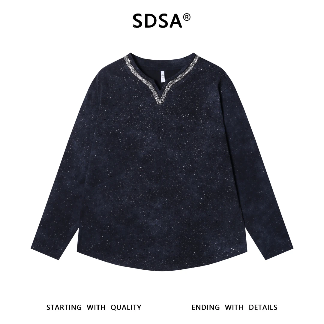 SDSA男士秋冬新款痞帅男装满天星镶珠子V领长袖T恤重工时尚上衣