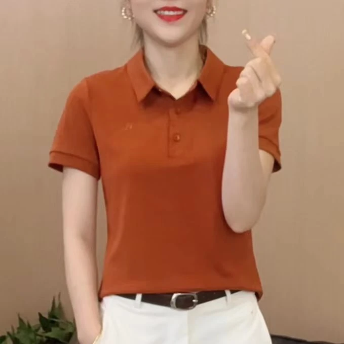 2025女士刺绣翻领夏季简约通勤T恤短袖显瘦减龄打底洋气F5595