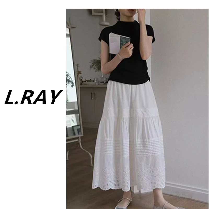 L.RAY-白月光  重工刺绣高腰半身裙女a字半裙小白裙