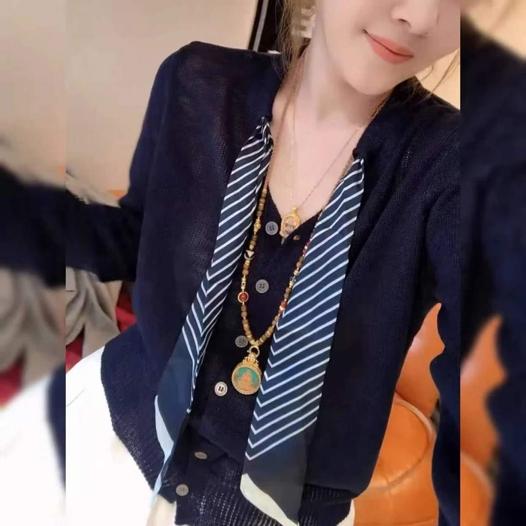 韩系条纹针织2025毛衣开衫女秋季设计新款秋季气质时尚长袖上衣女