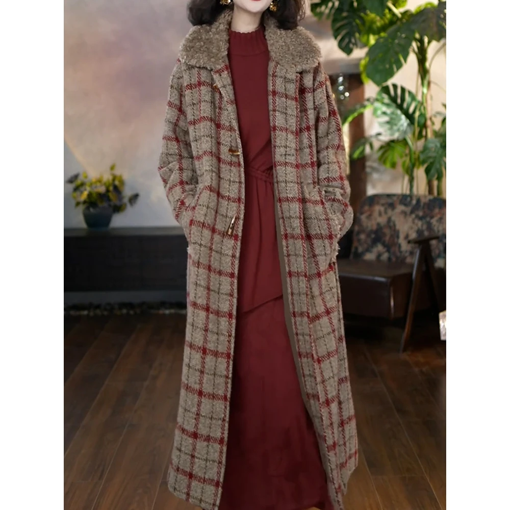 时尚减龄翻领大衣女2026春冬新款韩系休闲风长款显瘦格纹毛呢外套