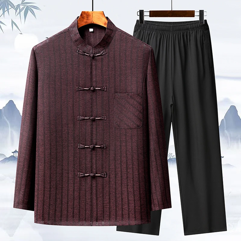 中老年唐装爸爸装夏季长袖冰丝套装中国风男装爷爷上衣父亲节礼物