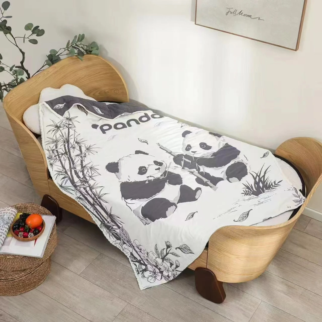 竹林熊猫A类十层纱布纯棉牛奶泡芙被可爱卡通盖毯毛巾被1.5x2.0