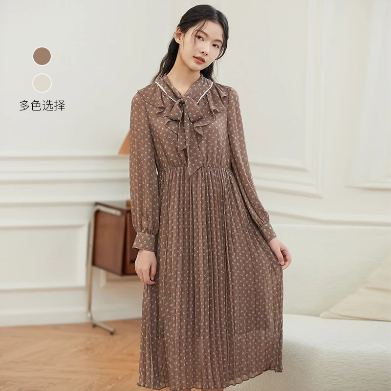 famecoco范可儿荷叶领碎花长裙女士温柔高腰过膝连衣裙F225FA012