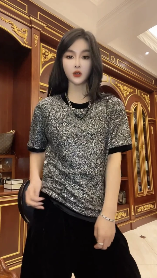 欧洲站2025春季新款个性亮片轻奢时尚亮闪闪辣妹上衣T恤女