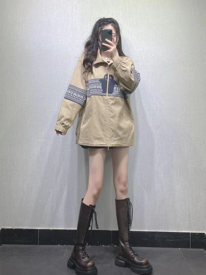 （3102）2024秋季新款时尚百搭企鹅刺绣宽松拉链休闲风衣长袖外套女