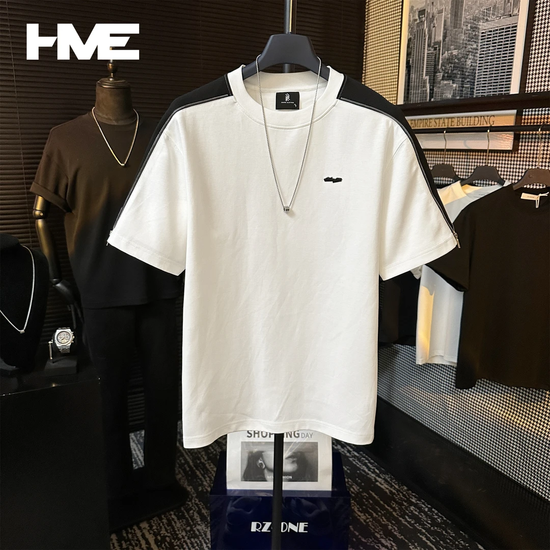 【HMEYAO】原创重磅高定撞色拉链设计男士轻奢休闲百搭圆领短袖T恤