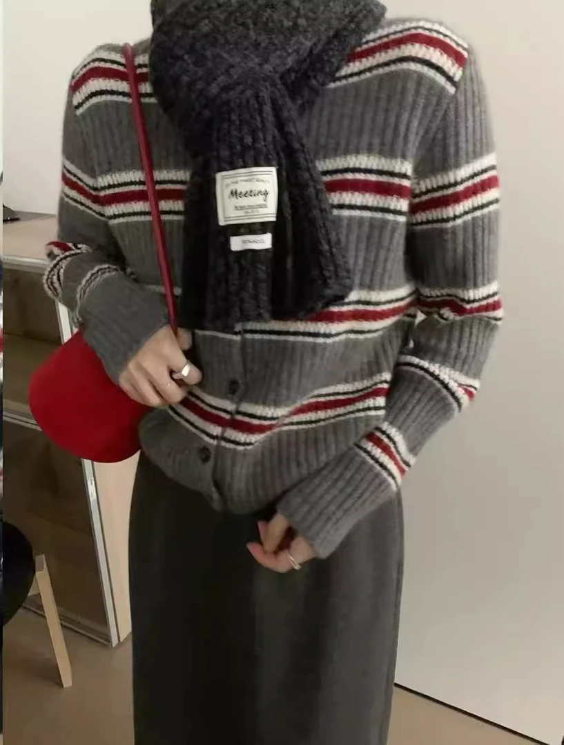 初秋百搭毛针织衫条纹针织蓝色条纹秋季上衣开衫圆领女长袖