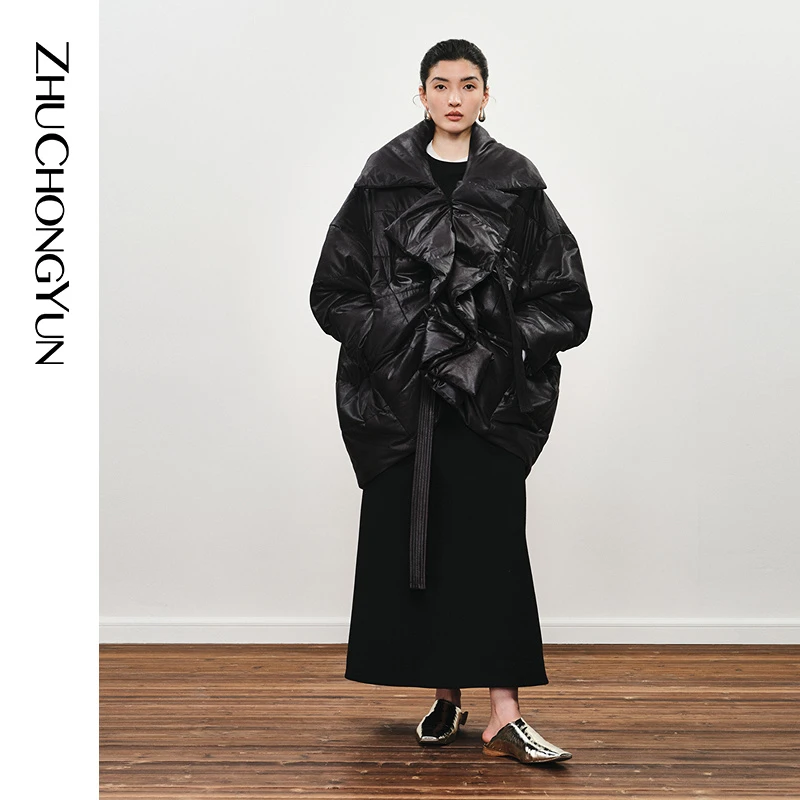 ZHUCHONGYUN2024冬新款时尚优雅抽绳黑色翻领棉褛外套C1EG4273L