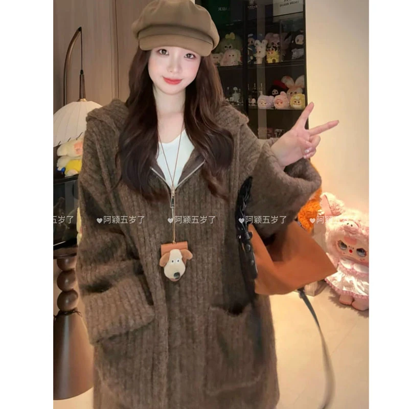 【阿颖专属】“大麦”双拉链连帽毛衣外套女秋冬季慵懒风针织衫上衣