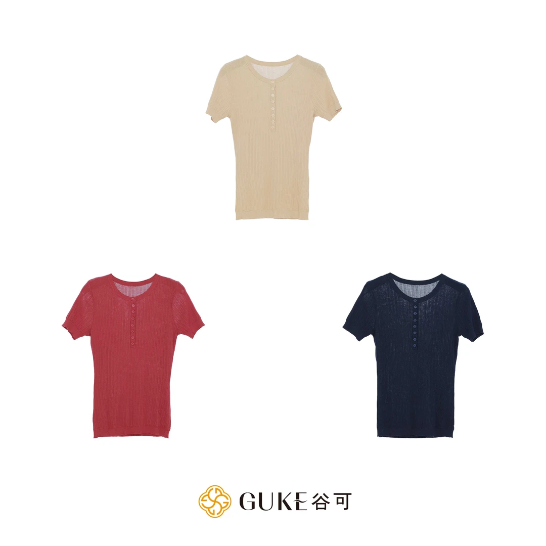 GKE/谷可MS6006半开圆领针织毛衫女款气质修身百搭打底短袖上衣