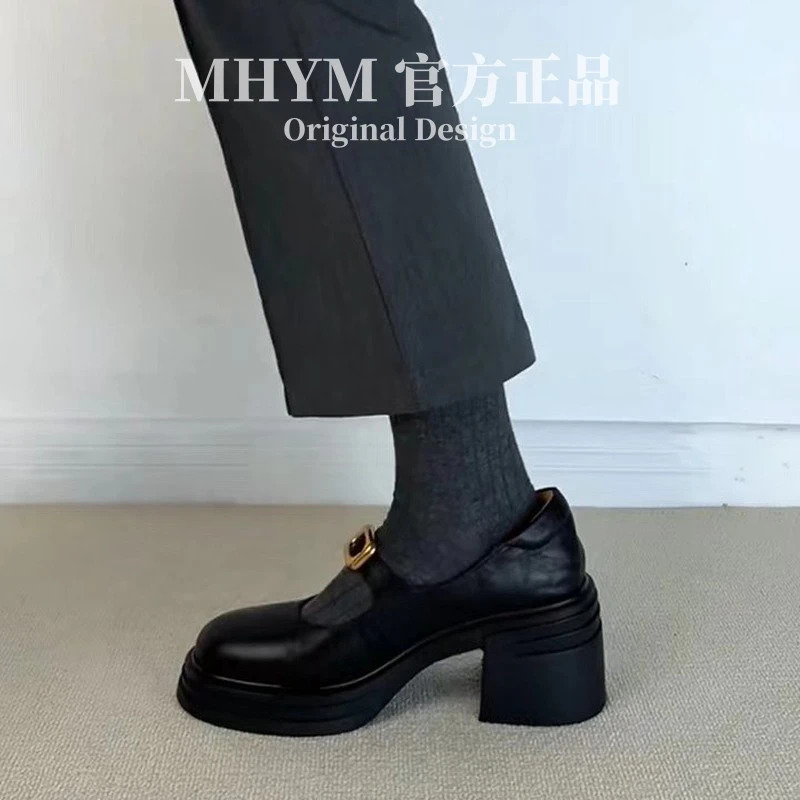 法式复古厚底玛丽珍鞋真皮女鞋2025圆头浅口一字扣带粗高跟单鞋女