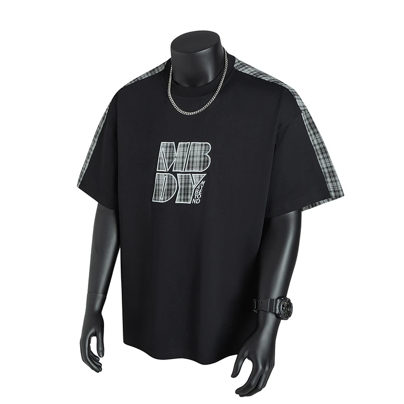 美式复古格子刺绣短袖男夏索罗娜冰感假两件T恤潮牌宽松圆领上衣