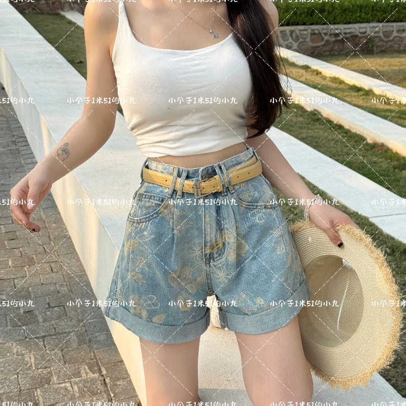 夏季个性印花抽褶裤脚翻边2025夏季新款A子牛仔短裤宽松阔腿热裤