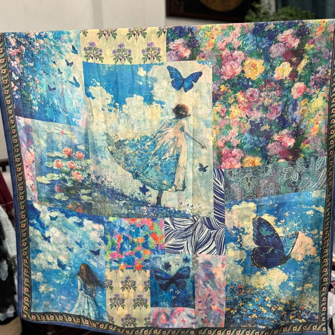 【C63-101 缤纷】90*90丝毛保暖高端定制国风提花百搭丝巾中国风