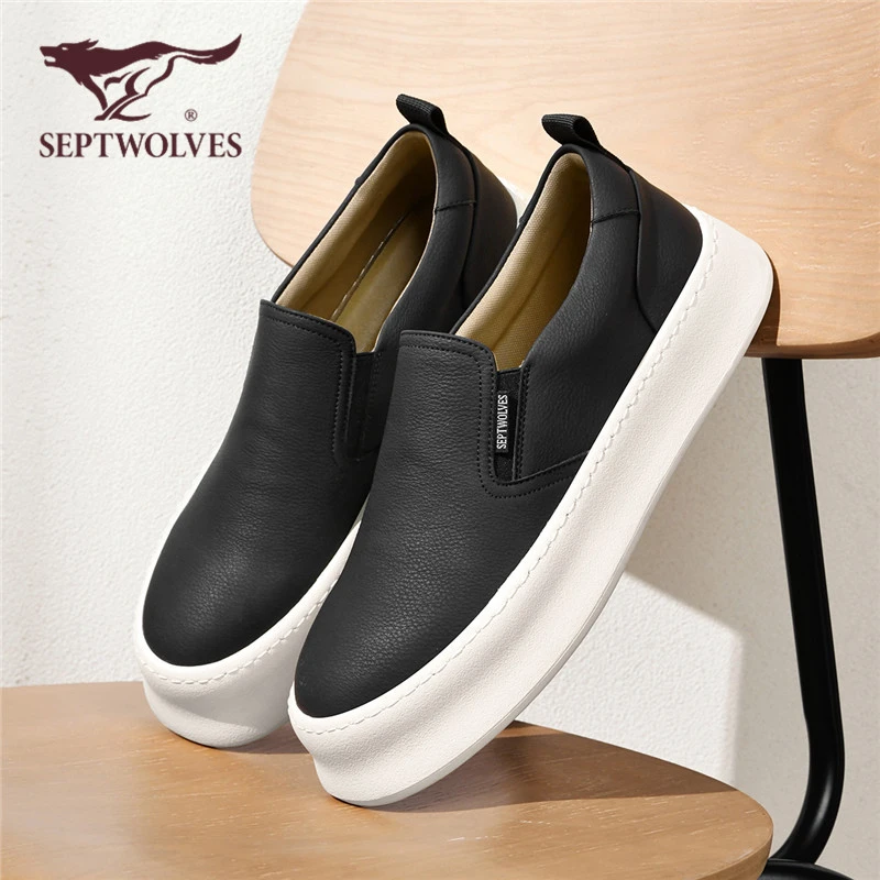 七匹狼男鞋2025新款秋季一脚蹬休闲鞋时尚百搭厚底板鞋男黑色皮鞋
