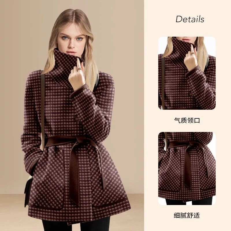 毛呢外套新款时尚气质2025冬季呢子大衣女中长款高领千鸟格轻奢潮