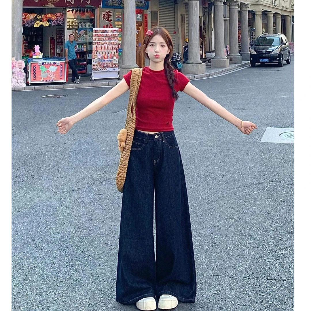 深蓝色简约设计感阔腿牛仔裤女春季新款高腰宽松显瘦百搭拖地长裤