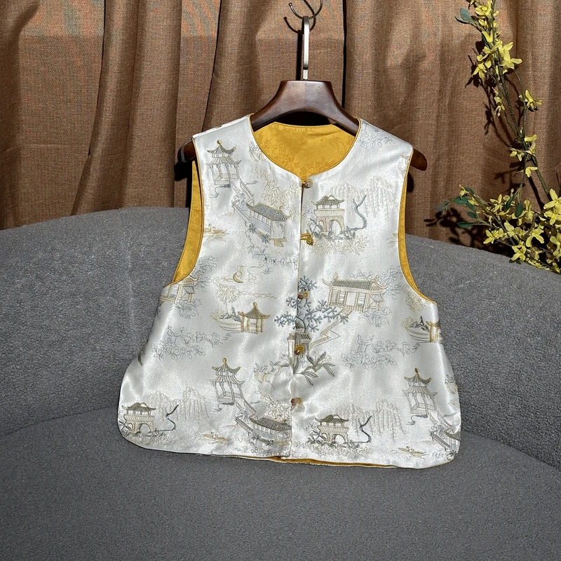 【SHANGLIU】JM1189新中式国风气质时尚新宋锦轻薄马甲夏季白色（51)