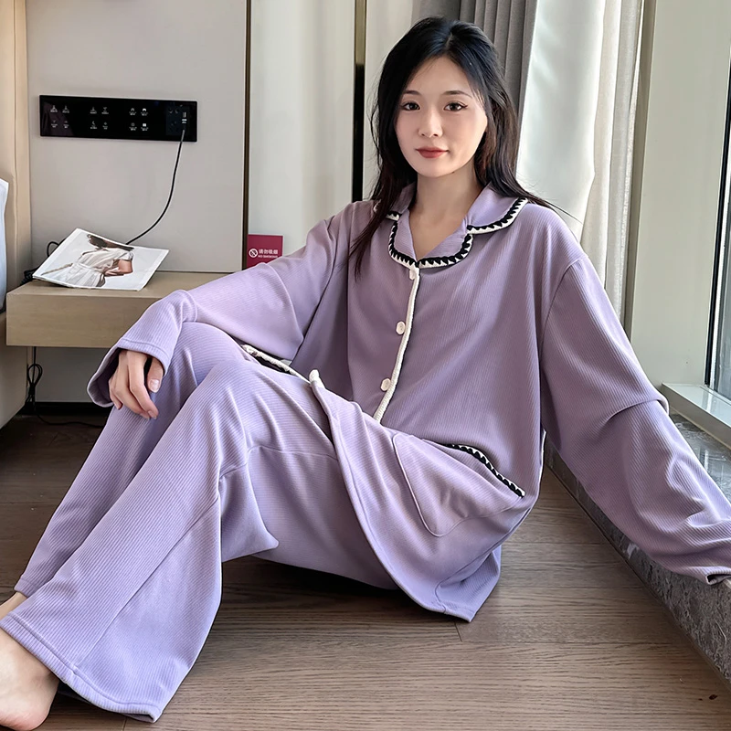 春秋季大码睡衣胖mm翻领家居服纯色长袖长裤女士加肥开衫休闲套装