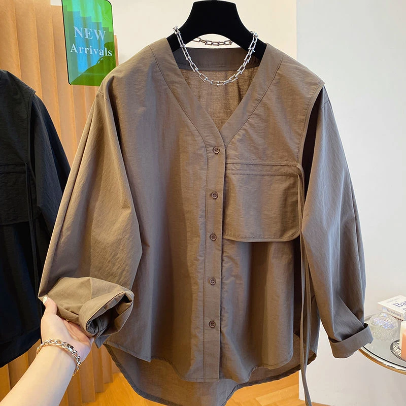 大码女装高级感咖色V领衬衫女长袖2025新款宽松休闲质感开衫上衣