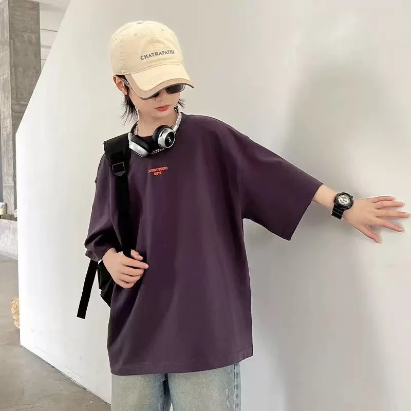 男童短袖T恤夏季薄款纯色简约时髦宽松中大童儿童亲子款休闲半袖