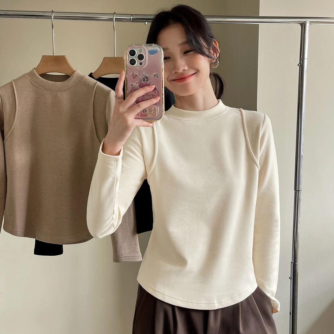 【收肩线】加厚半高领弧形设计感上衣秋冬长袖百搭舒适保暖T恤5209