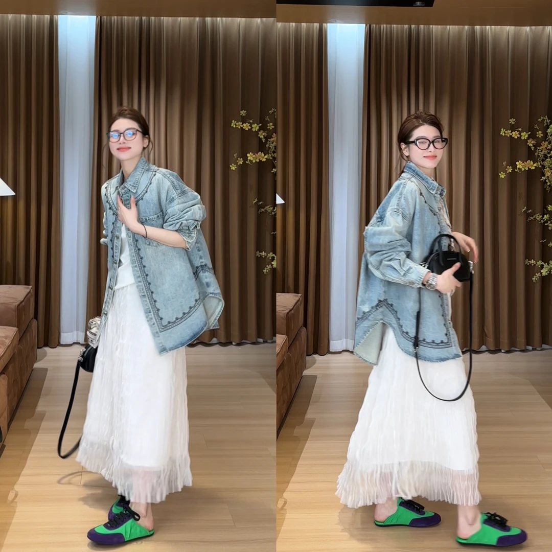 2025春款小众复古花纹设计费尔岛牛仔外套 2502C345