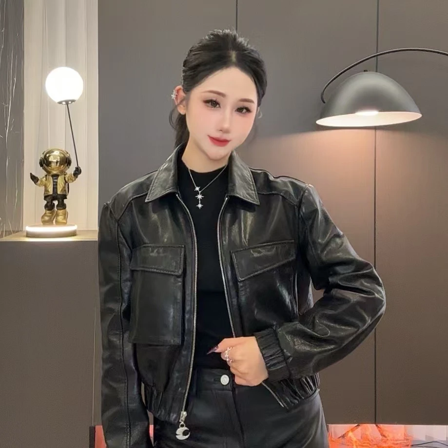 【七月推荐】黑色百搭显瘦短款长袖外套皮衣女-QIYUE-R048