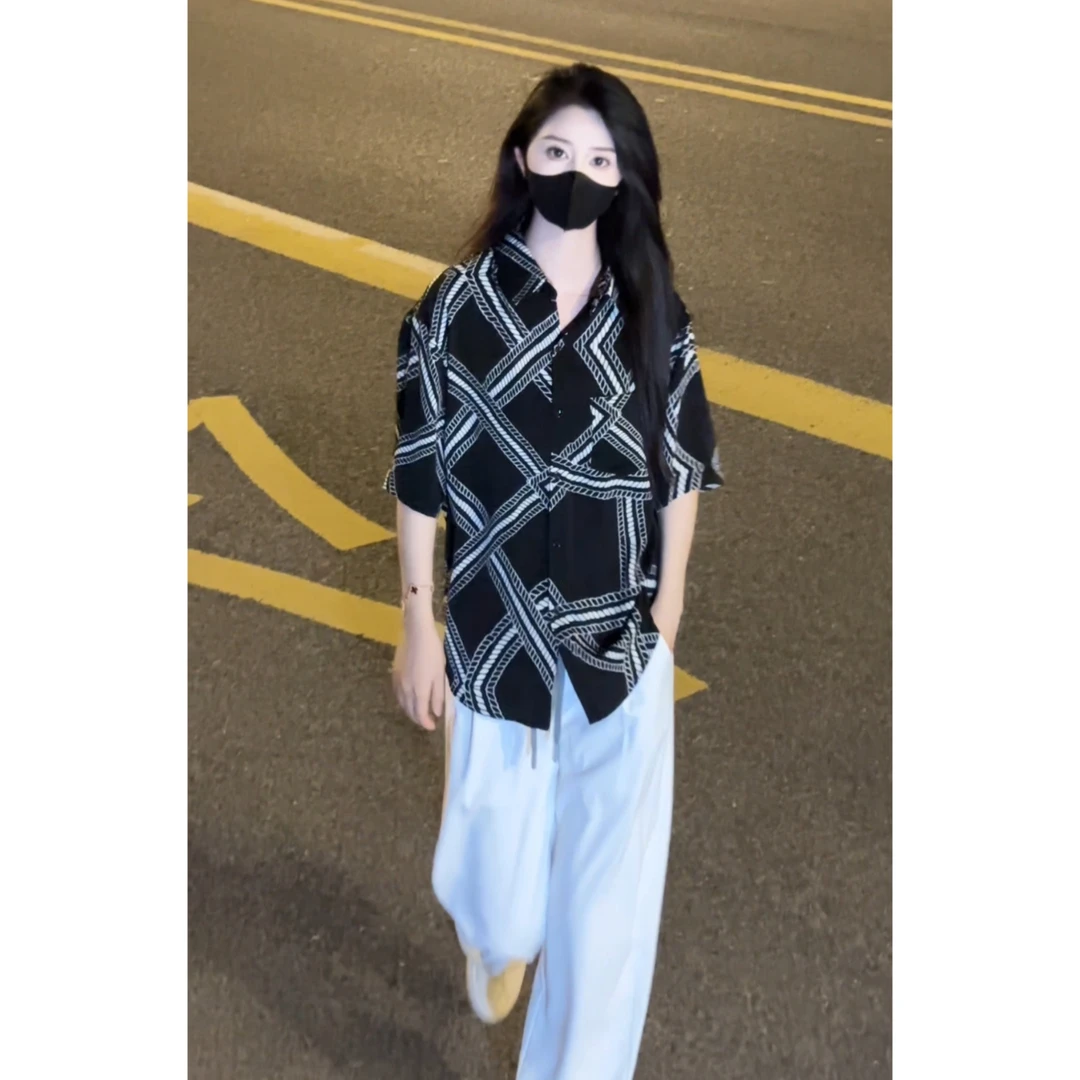 【夏季新款】撞色设计感薄款冰丝衬衫格纹印花休闲时尚男女同款