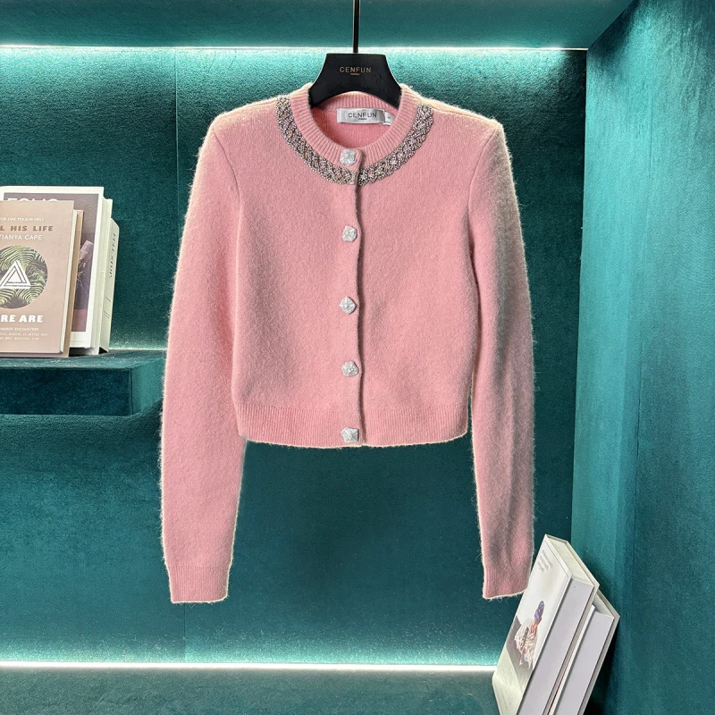 粉色轻奢钉扣镶钻针织上衣A231138