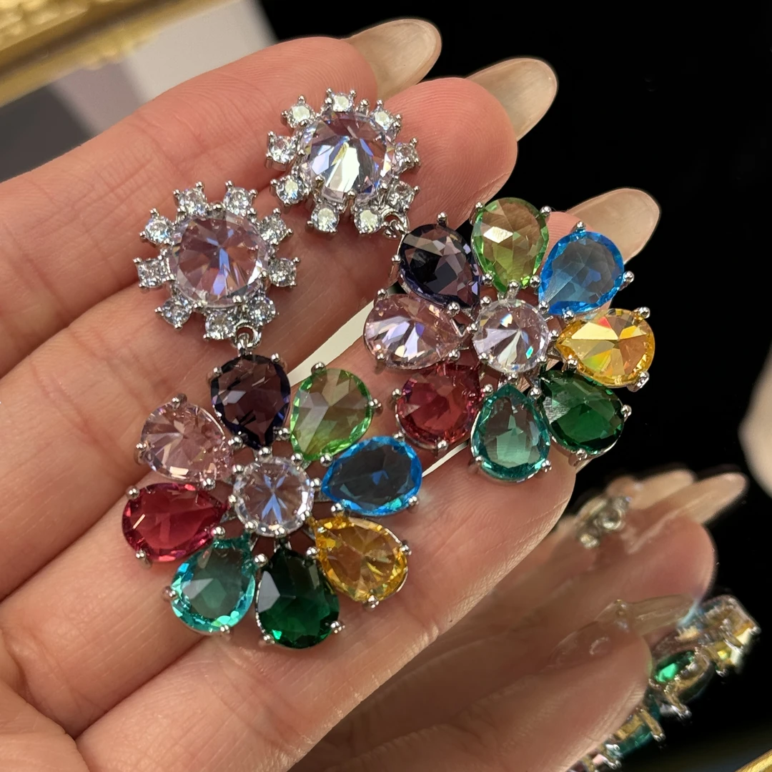 铜合金耳饰 缤纷】超闪重工镶嵌锆石彩色耳环气质轻奢耳坠个性耳钉