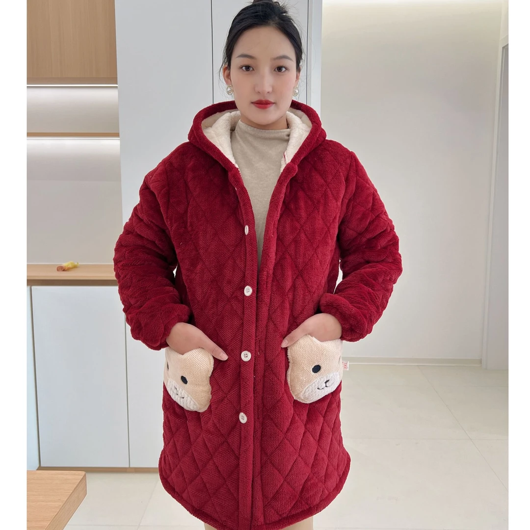 冬季新款连帽加绒加厚女士时尚保暖中长款妈妈装家居服