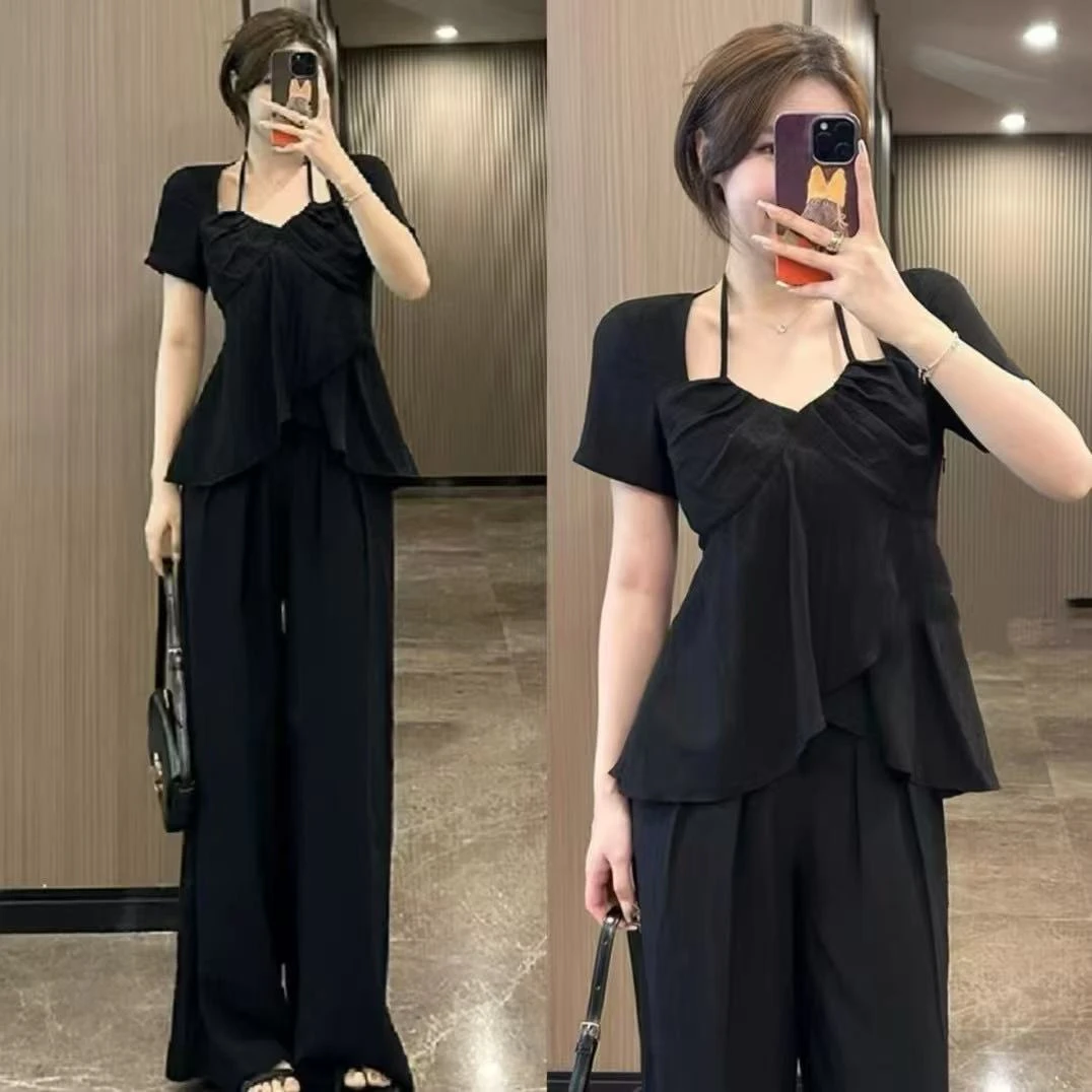 9659-C-两件套（衫+阔腿裤}显瘦简约纯色气质大码女装套装