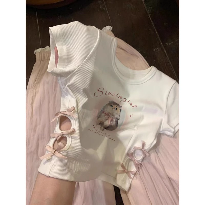 纯棉女童夏季新款镂空短款正肩短袖t恤公主风小众设计蝴蝶结上衣