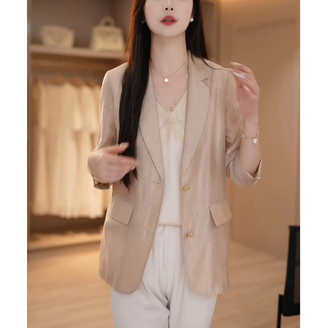 【自由呼吸】高奢天丝闪闪撒银夏季薄款防晒西装外套女休闲宽松上衣