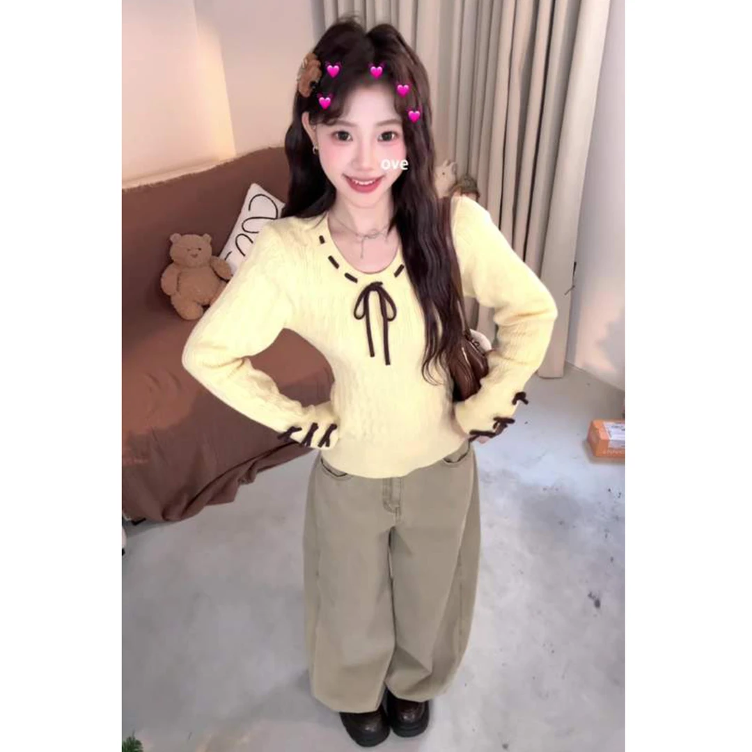 黄色多巴胺蝴蝶结绞花针织衫毛衣女秋冬慵懒风软糯长袖打底衫上衣
