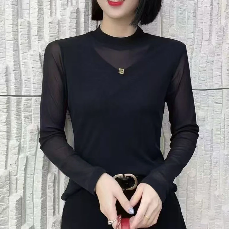 3573秋季长袖网纱半高领T恤抗起球网红蕾丝黑色洋气修身显瘦小衫