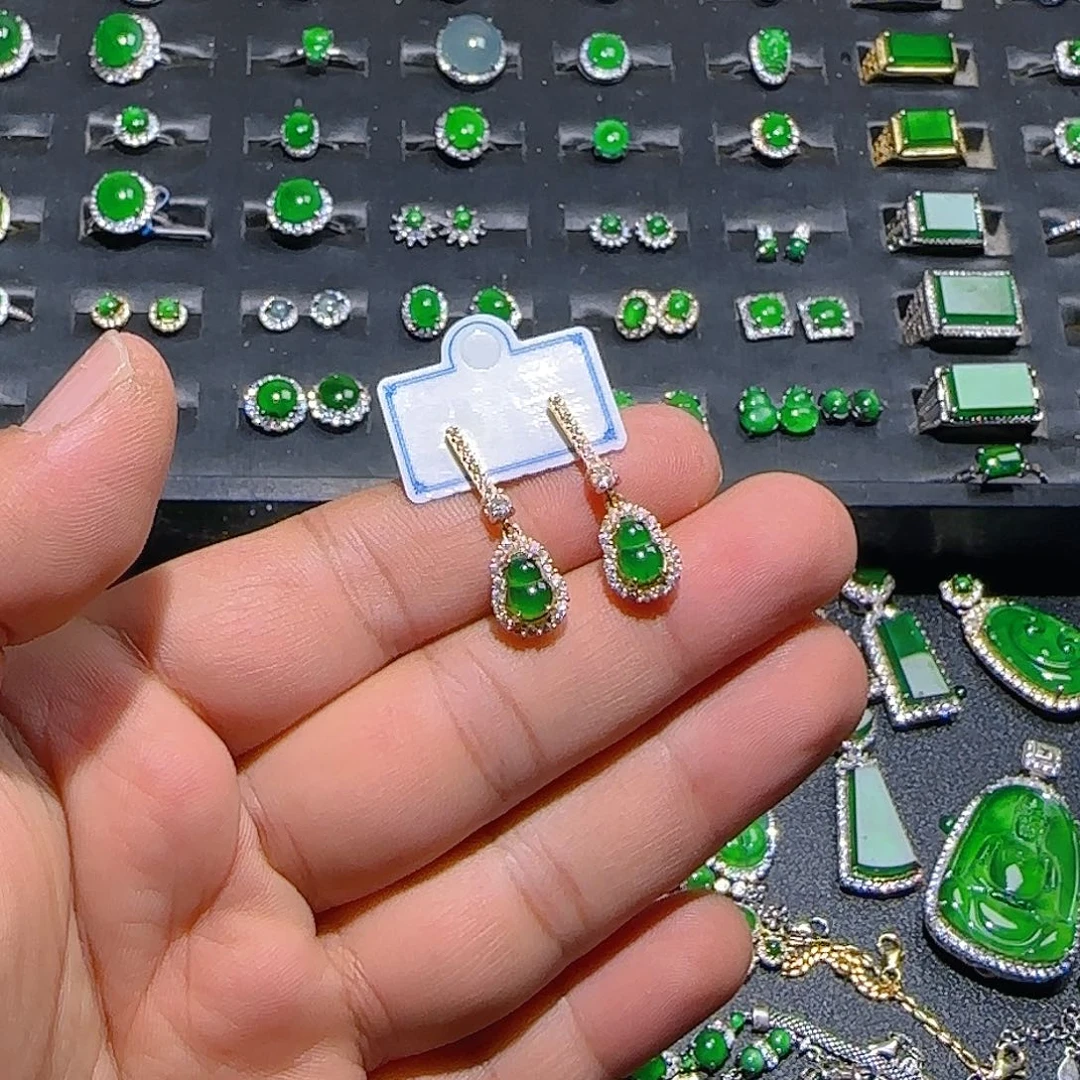 翡翠银S925镀金镶嵌耳饰