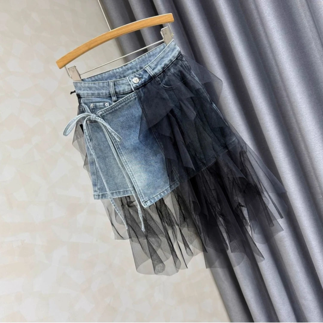 夏季不规则设计感网纱拼接牛仔半身裙女减龄辣妹高腰显瘦短裙裤