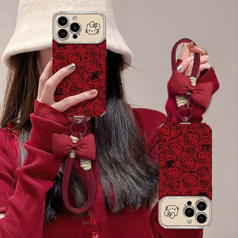 线条kt猫适用苹果17华为vivo/oppo小米iPhone16大视窗贴皮手机壳