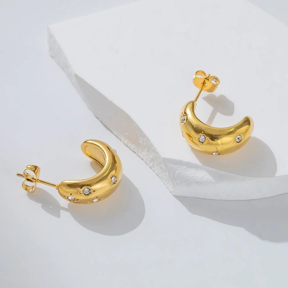 钛钢合成锆石耳饰 钛钢 月牙形合成立方氧化锆耳环[月落星河]E385