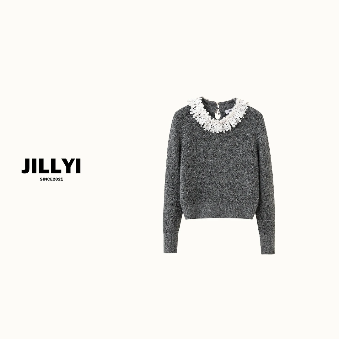 JILLYI南山店【花朵泡沫】灰色圆领拼接蕾丝花瓣秋季静奢时尚针织衫