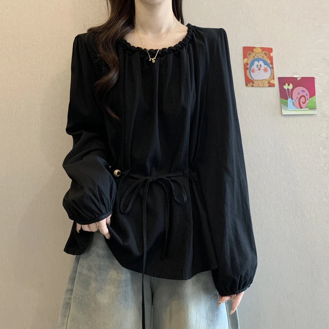 大码遮肚子设计感系带收腰正肩衬衫女2025秋新款胖MM宽松圆领上衣