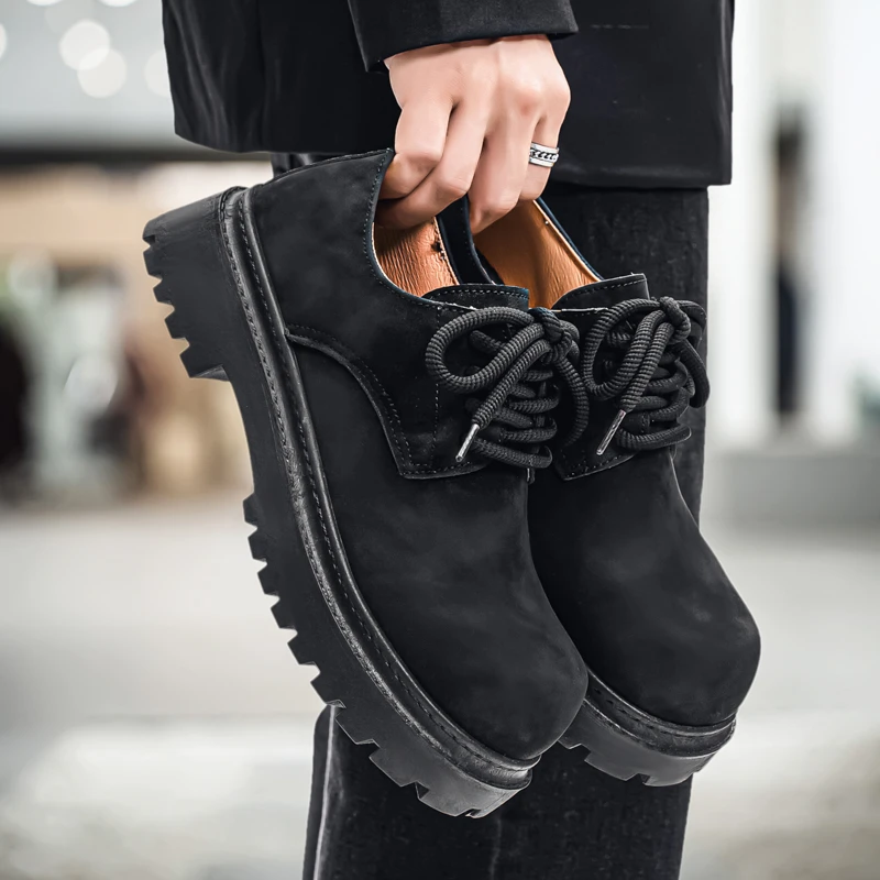 鞋子男士2025新款高档休闲皮鞋黑色大头马丁鞋百搭增高厚底德比鞋
