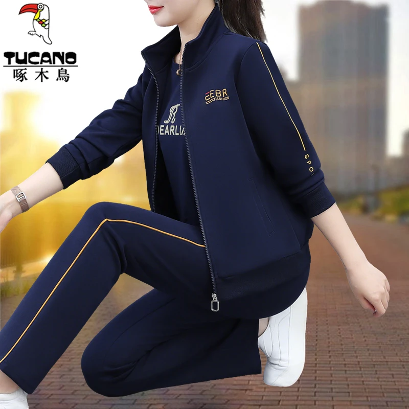 啄木鸟时尚卫衣运动套装女2025春秋新款洋气妈妈开衫休闲服三件套