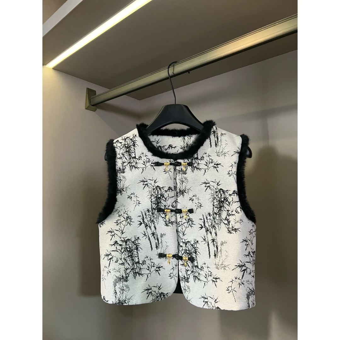 【加绒加厚】2025冬季新款新中式国风重工拼色白马甲C0130